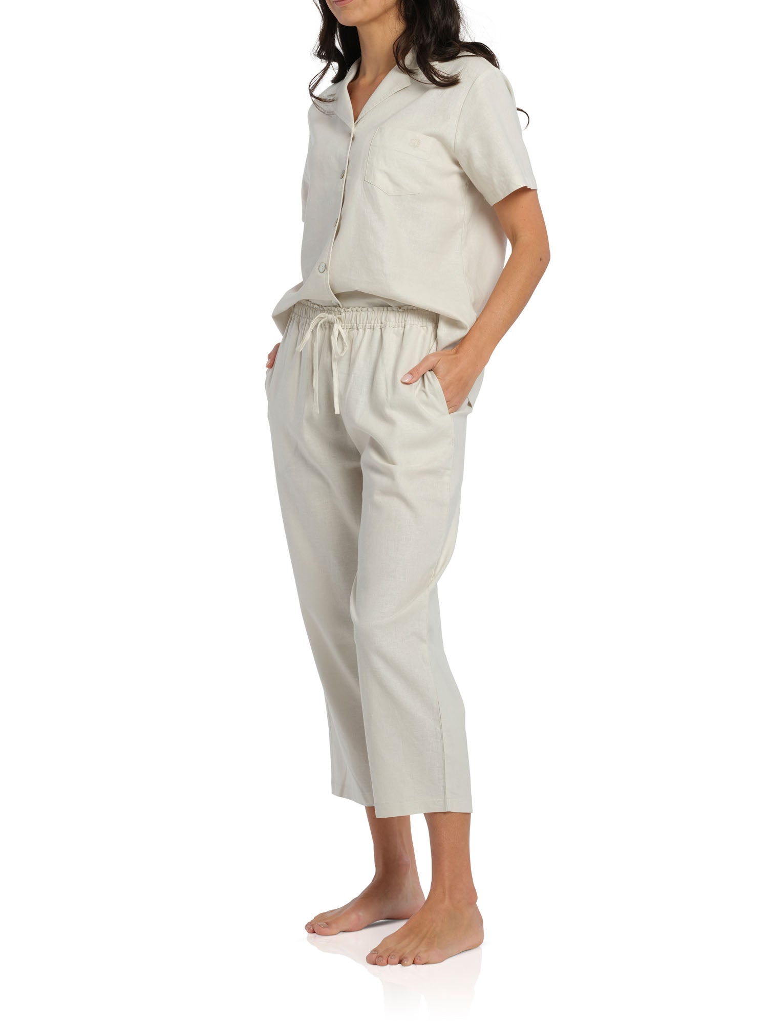 Women's Ivory Summer Dreaming Linen Pyjama Set with 7/8 Pant | Magnolia Lounge Sleepwear Australia