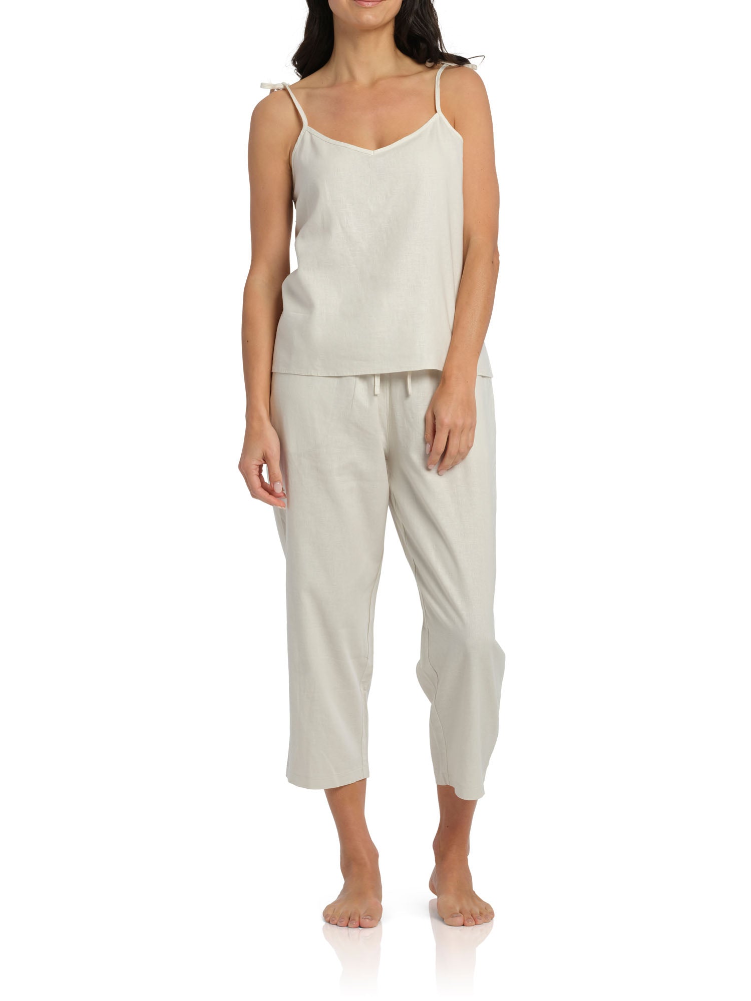 Women's Ivory Summer Linen Cami & 3/4 Pant Cotton Pyjama Set