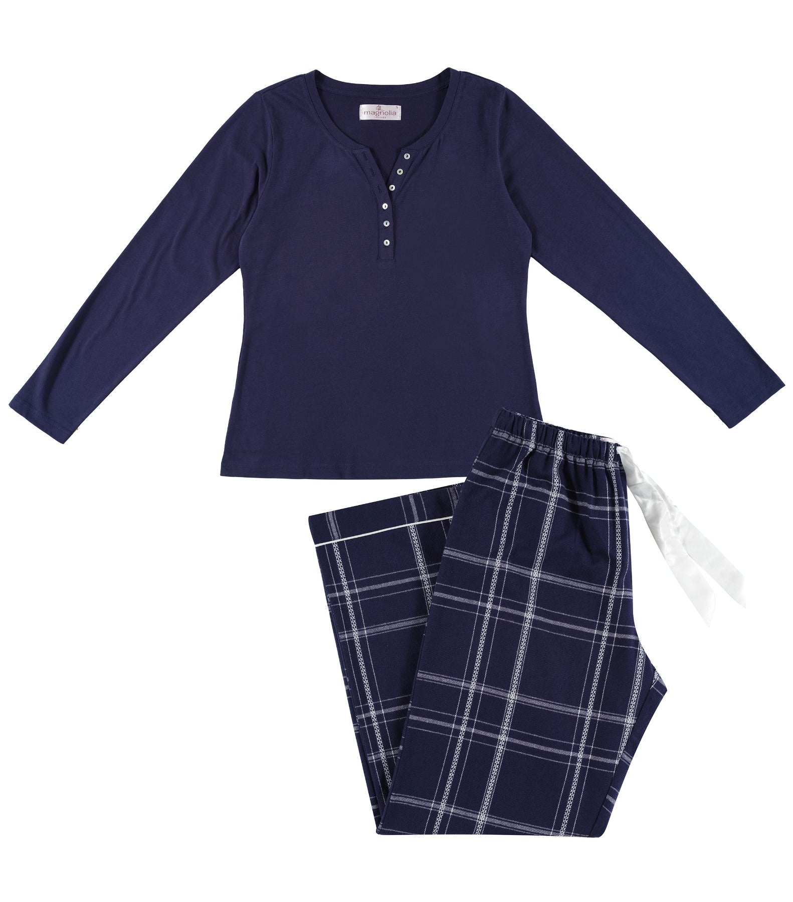 Navy Henley Top & Evening Check Flannelette Pants Pyjama Set | womens winter pyjamas | Magnolia Lounge Australia