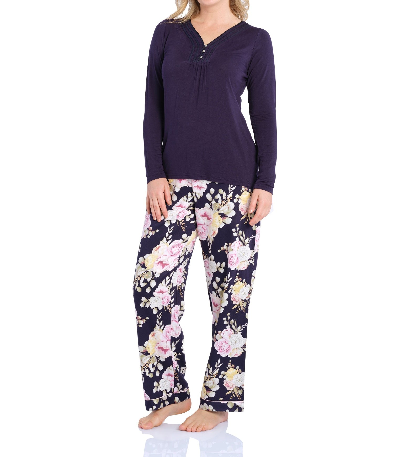 Navy Henley Tee and Twilight Floral Viscose Cotton Pant Pyjama Set | Women's winter PJ Sets | magnolia Lounge Australia