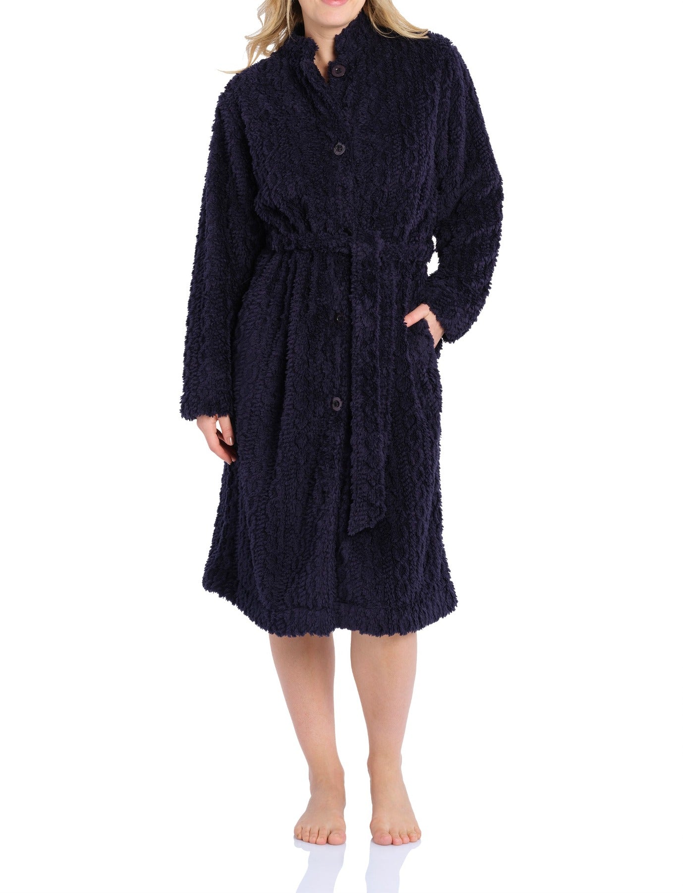 Navy Button Up Lux Sherpa Fleece Dressing Gown