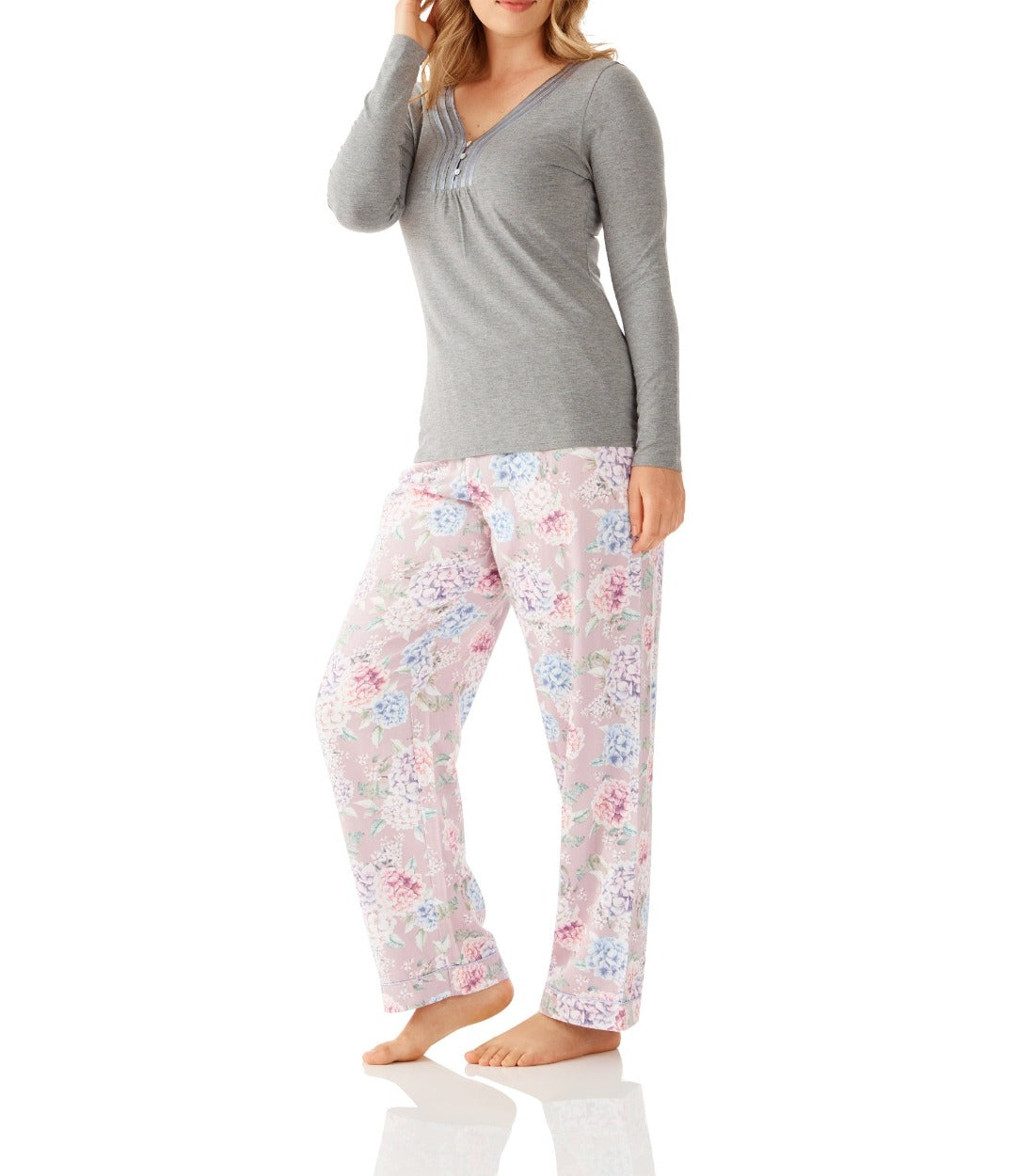 Charcoal Henley Tee and Ariana Floral Viscose Cotton Pant Pyjama Set | Women's Winter PJ Sets | Magnolia Lounge Australia