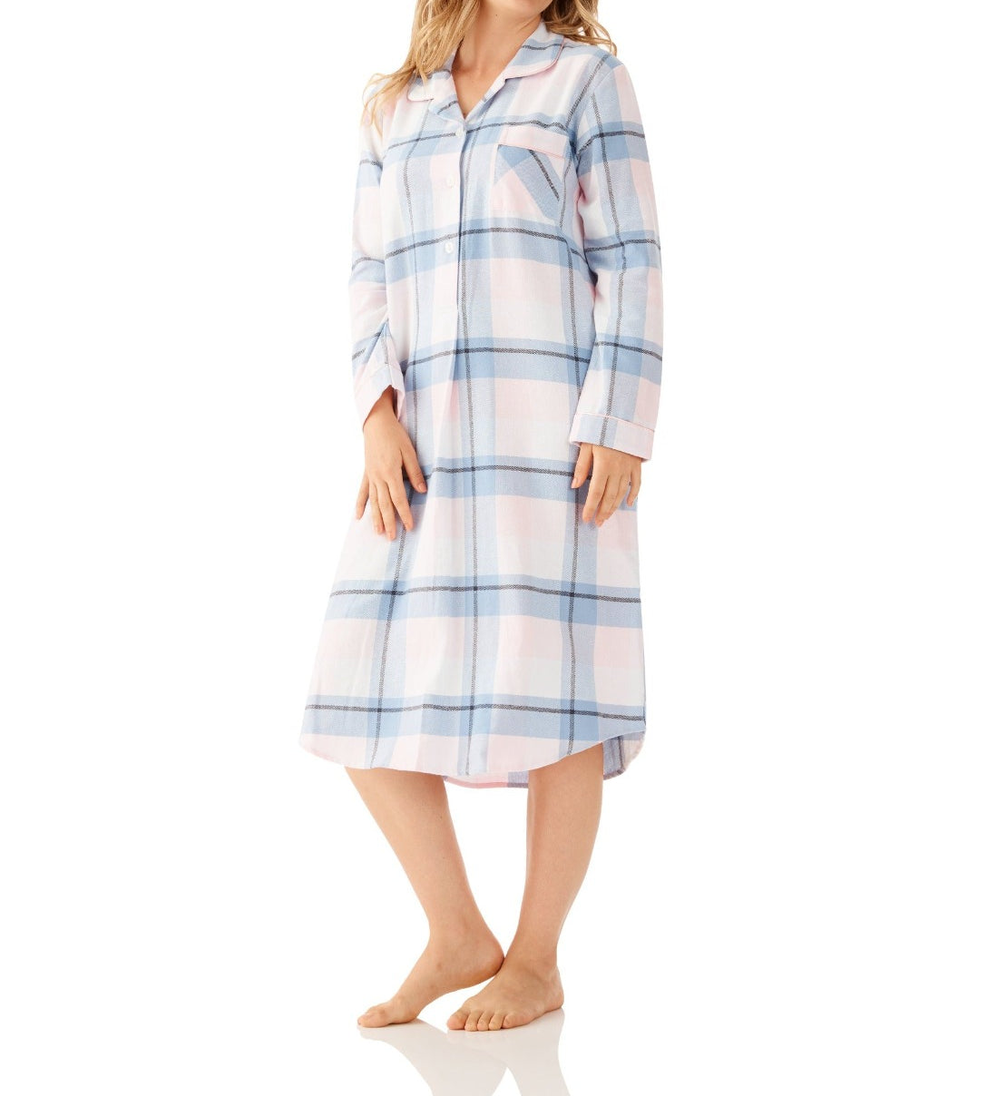 Ava Check Flannelette Cotton Midi Length Nightshirt Magnolia Lounge