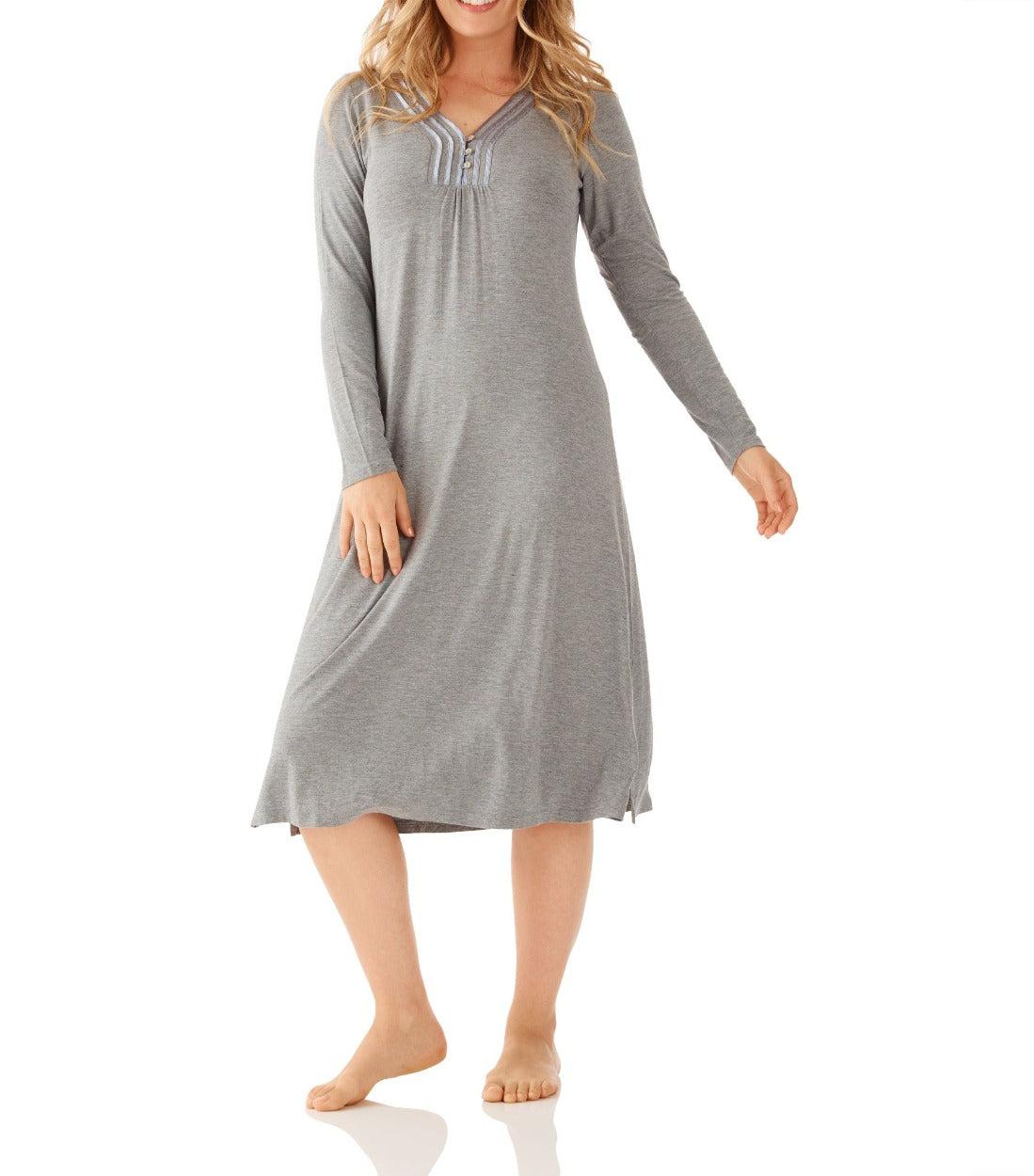 Leila Bamboo Elastane Long Sleeve Henley Winter Nightie Magnolia Lounge