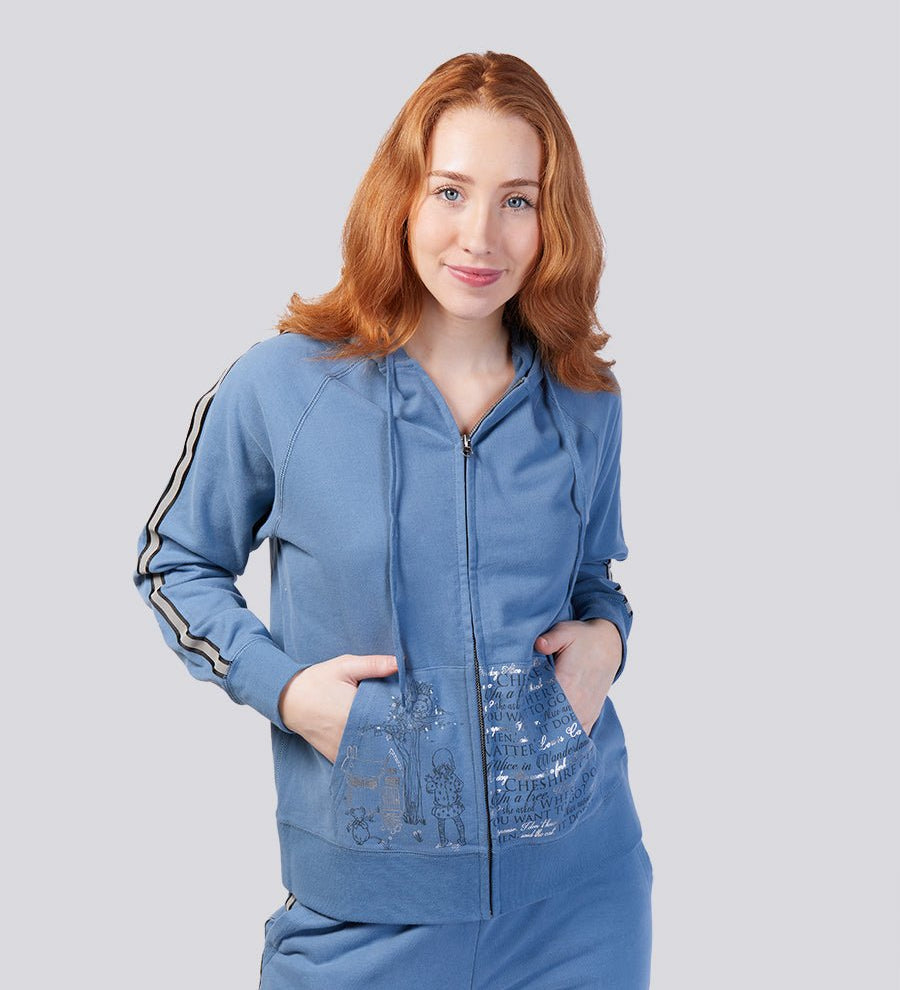 Denim Blue Ultra Soft Pure Cotton Fleece Hoodie Jacket - Alice In Wonderland Young Spirit