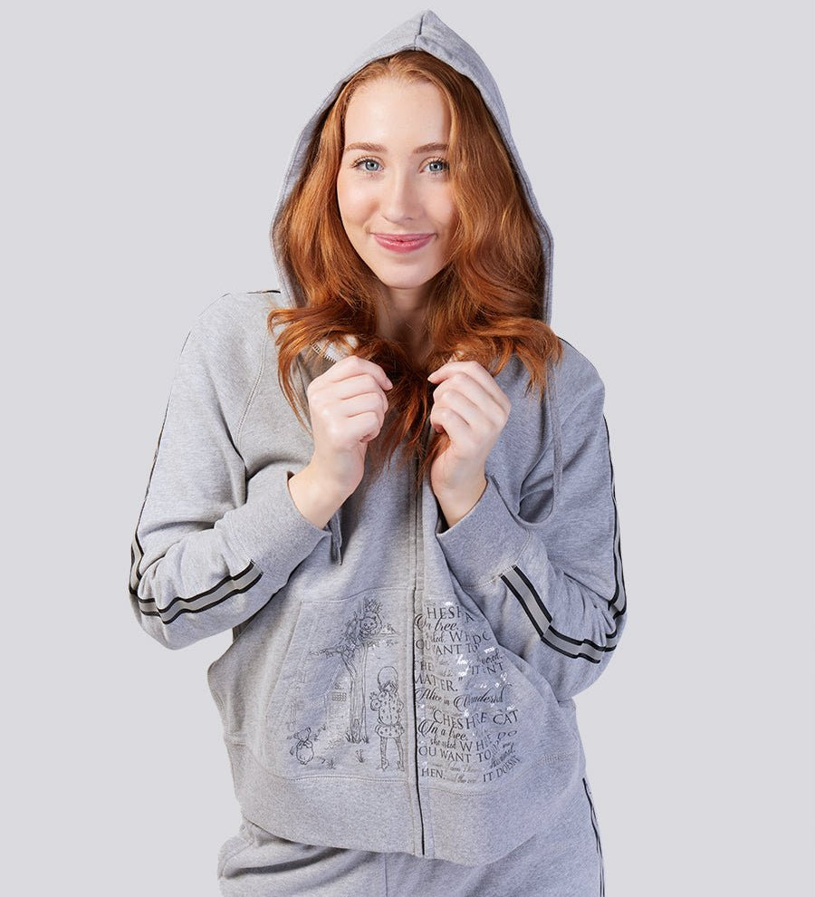 Grey Marle Ultra Soft Pure Cotton Fleece Hoodie Jacket - Alice In Wonderland Young Spirit