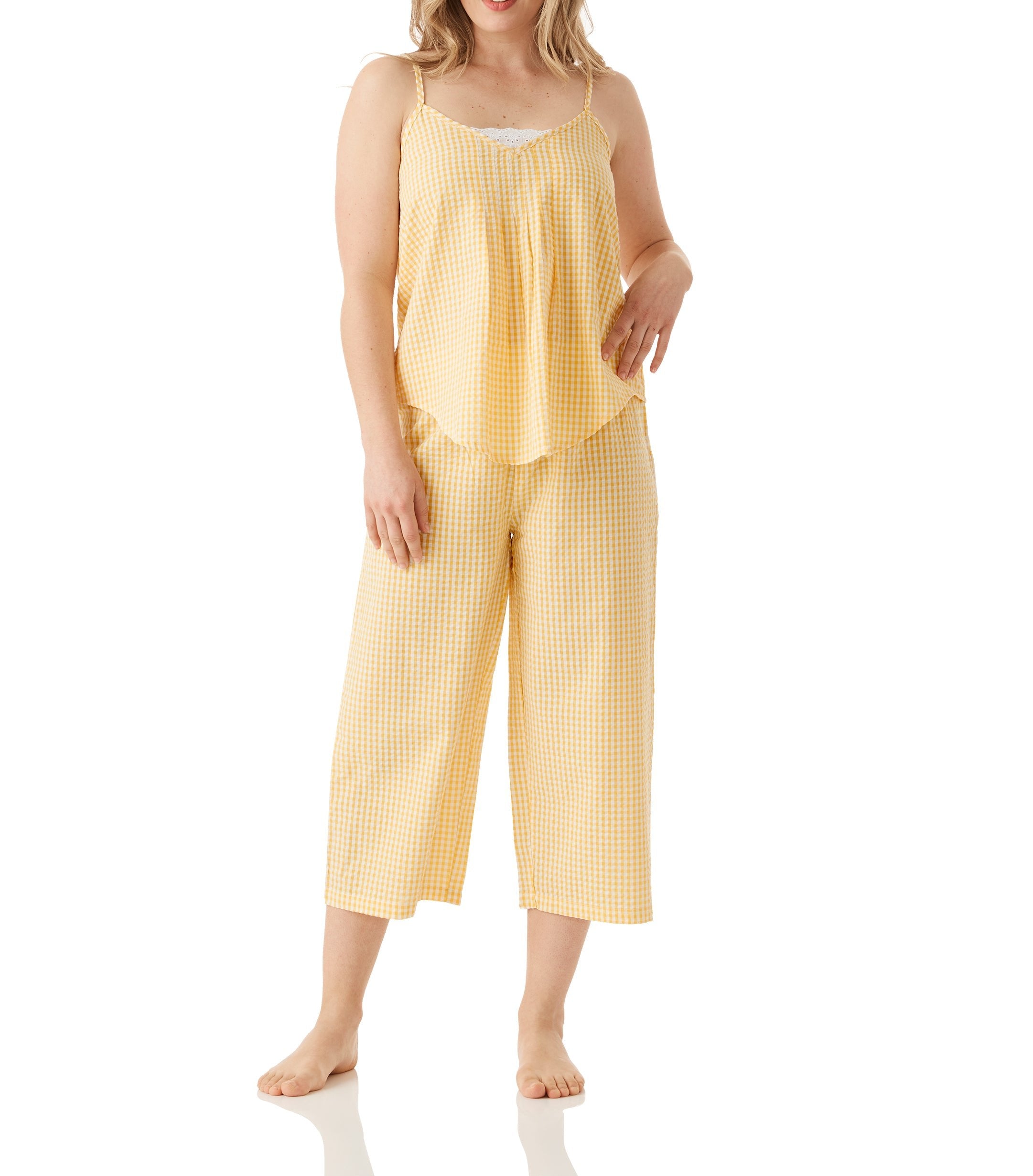 Women's Yellow Gingham 100 Cotton Summer Cami & 3/4 Pant Pyjama Set