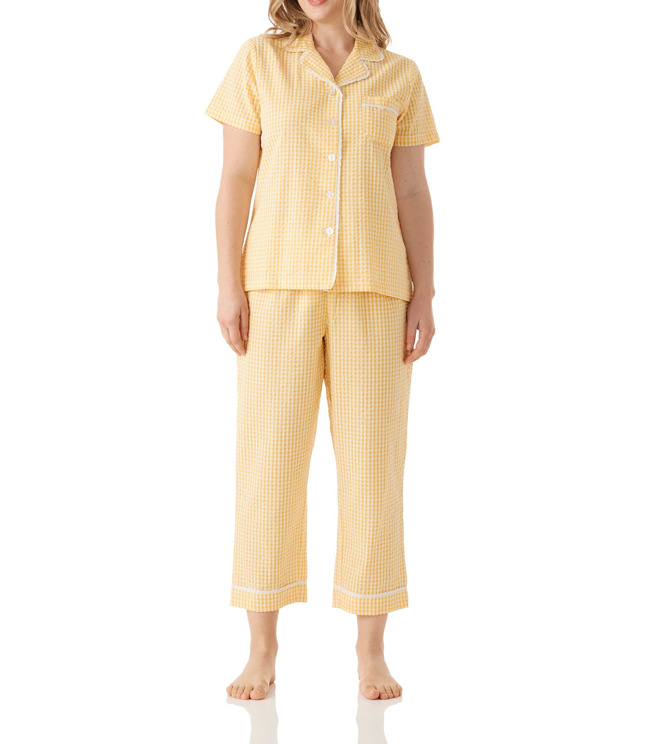 Women's Yellow Gingham 100 Cotton Summer Pyjama Set with 7/8 Pant