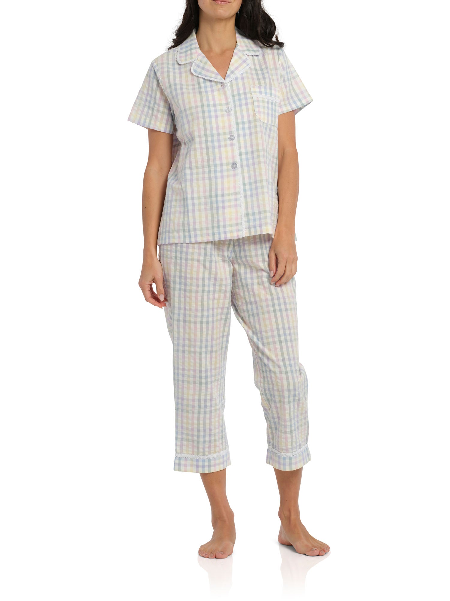 Gingham print women's summer pjs | Women's Summer Picnic Pyjama Set with 7/8 Pant | Magnolia Lounge Australia