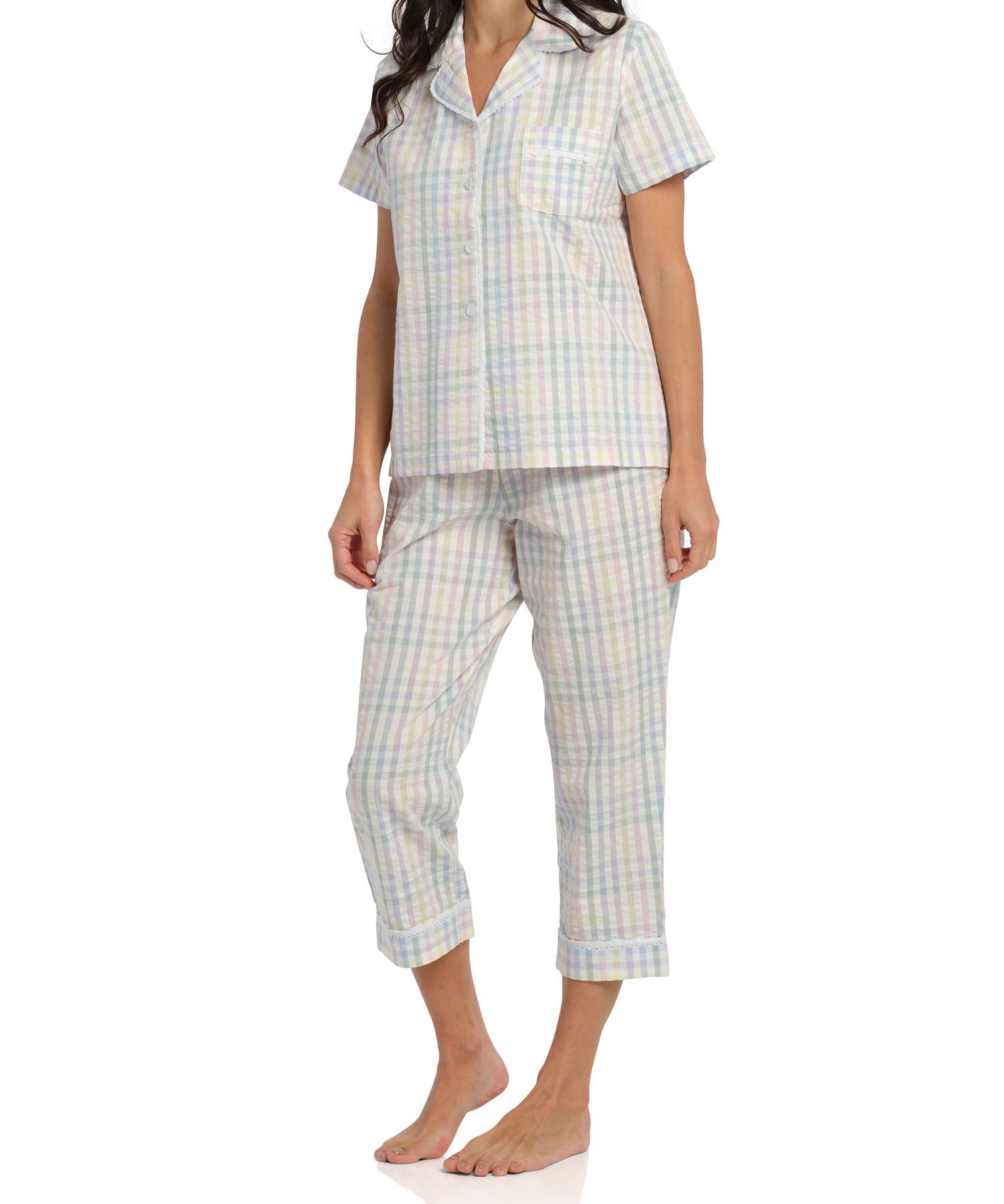 Gingham print women's summer pjs | Women's Summer Picnic Pyjama Set with 7/8 Pant | Magnolia Lounge Australia