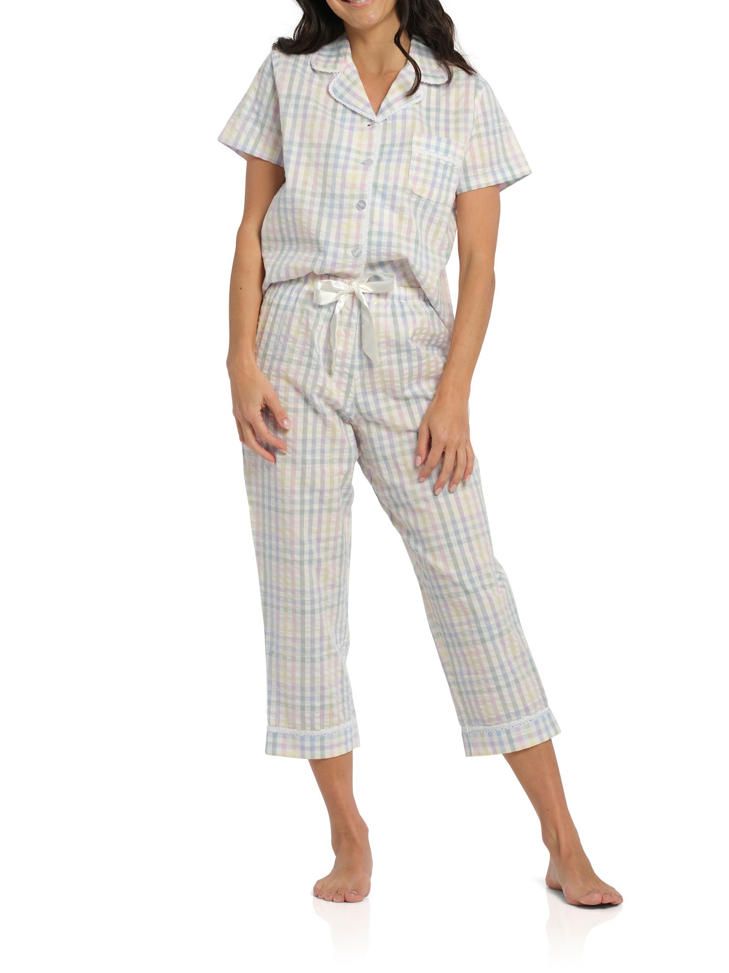 Gingham print women's summer pjs | Women's Summer Picnic Pyjama Set with 7/8 Pant | Magnolia Lounge Australia