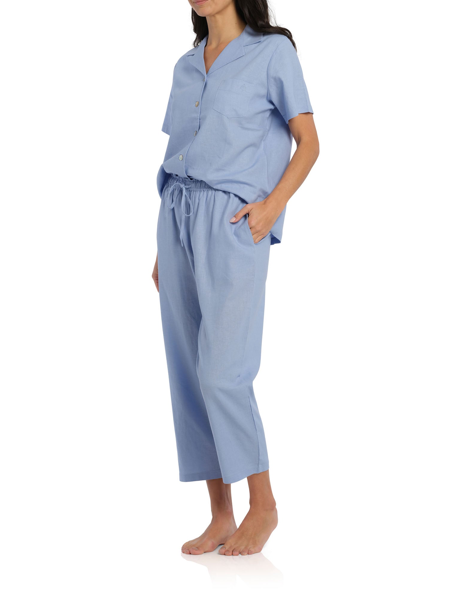 Women's Cornflower Summer Dreaming Linen Pyjama Set with 7/8 Pant | Magnolia Lounge