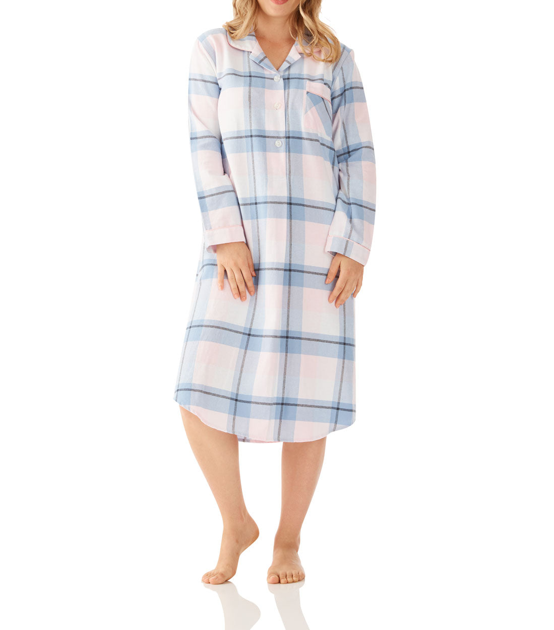 Ava Check Flannelette Cotton Midi Length Nightshirt Magnolia Lounge