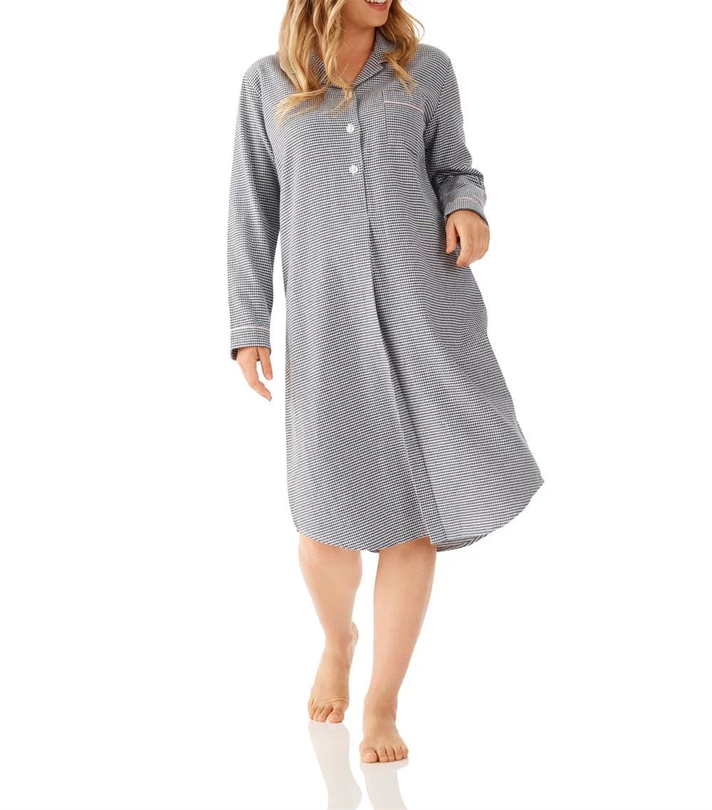 Ava Houndstooth Flannelette Cotton Midi Length Nightshirt Magnolia Lounge