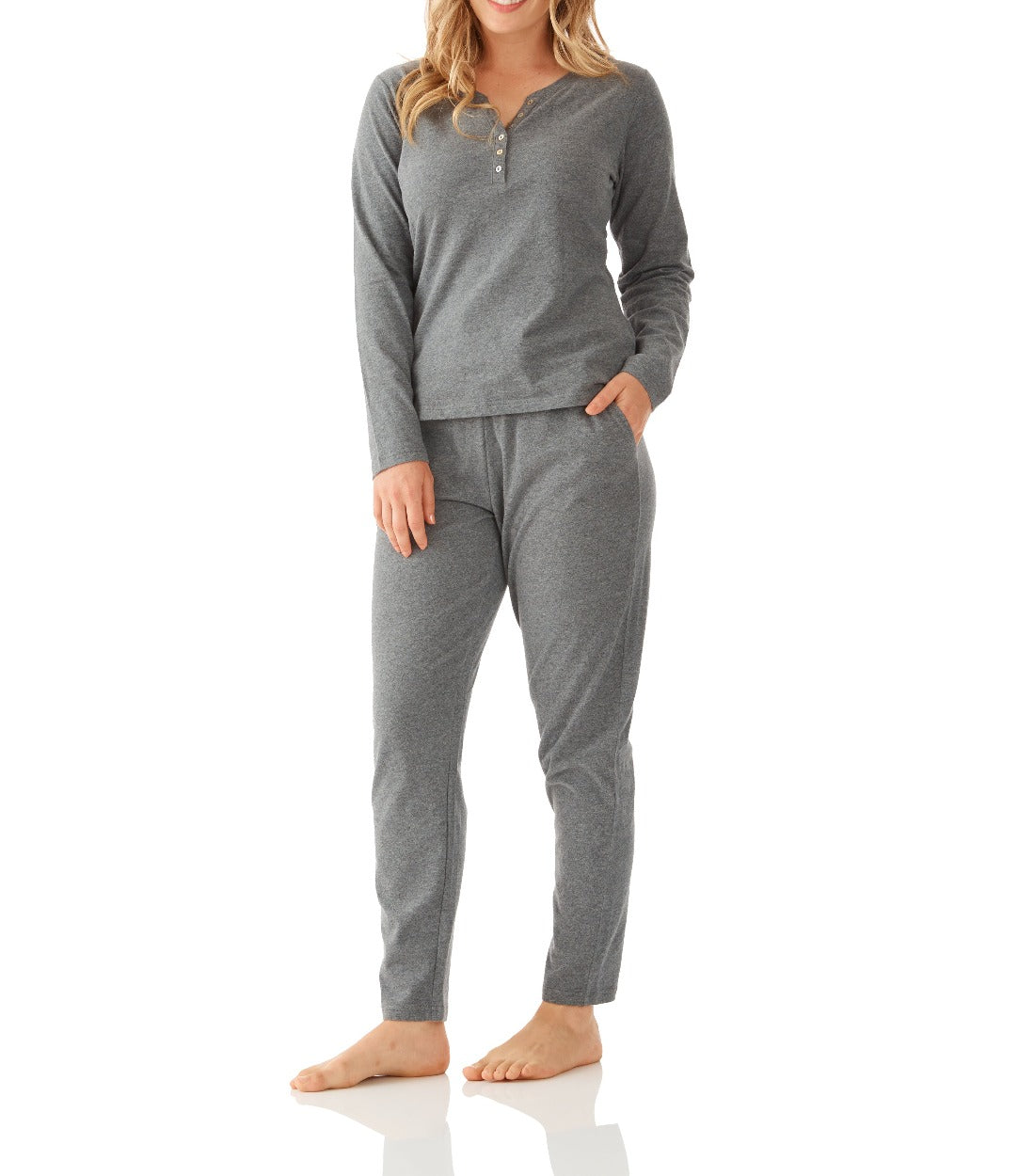 Women's Grey Marle Cotton Long Sleeve Henley Top with Tapered Pant Set