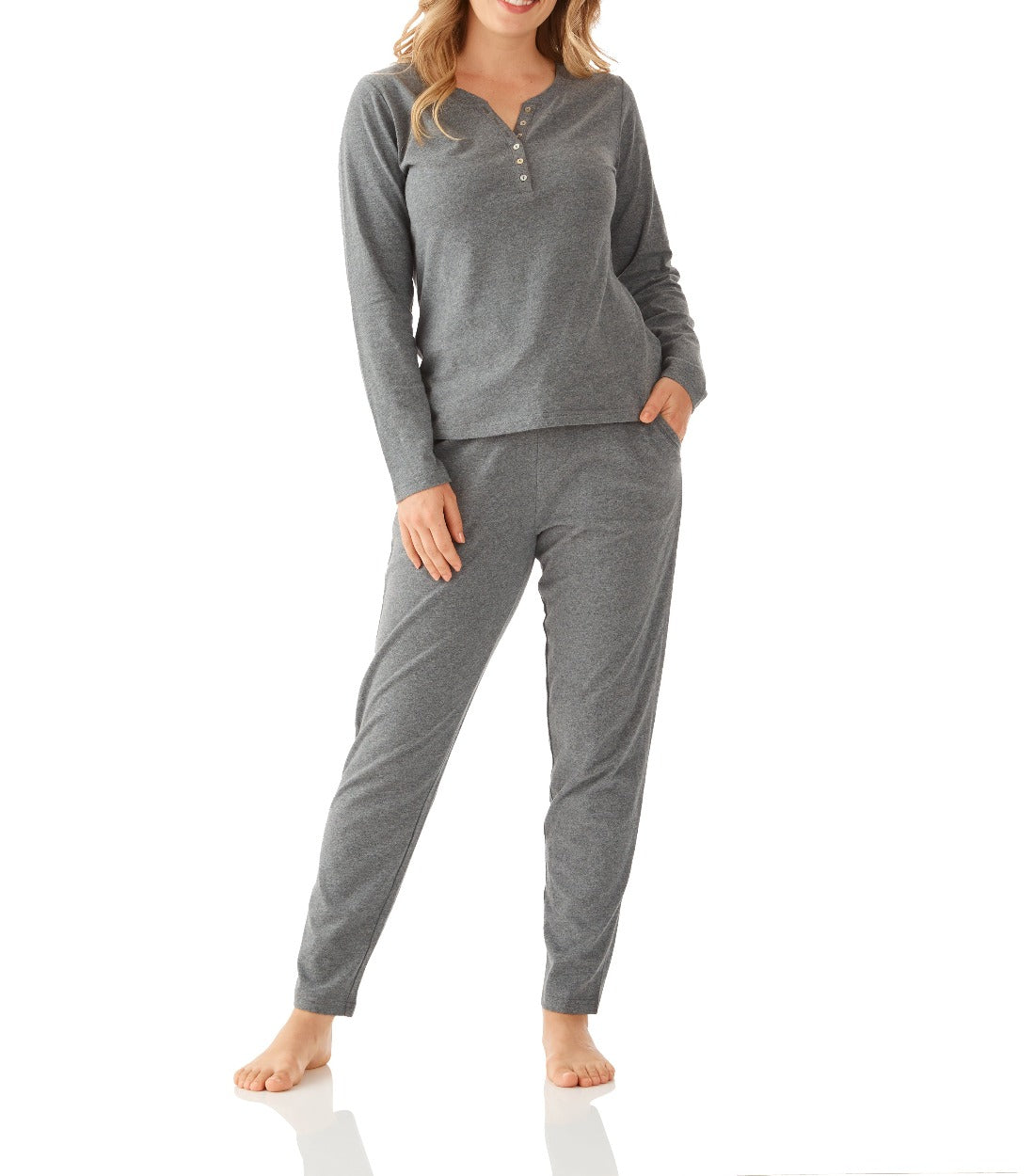 Charcoal Marle Long Sleeve Henley Top with Tapered Pant Set | Women's Cotton Jersey Pyjama Set | Magnolia Lounge Sleepwear Australia