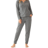Charcoal Marle Long Sleeve Henley Top with Tapered Pant Set | Women's Cotton Jersey Pyjama Set | Magnolia Lounge Sleepwear Australia