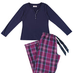 Womens Navy Henley Top & Dusk Check Flannelette Pyjama Set | Magnolia Lounge Australia