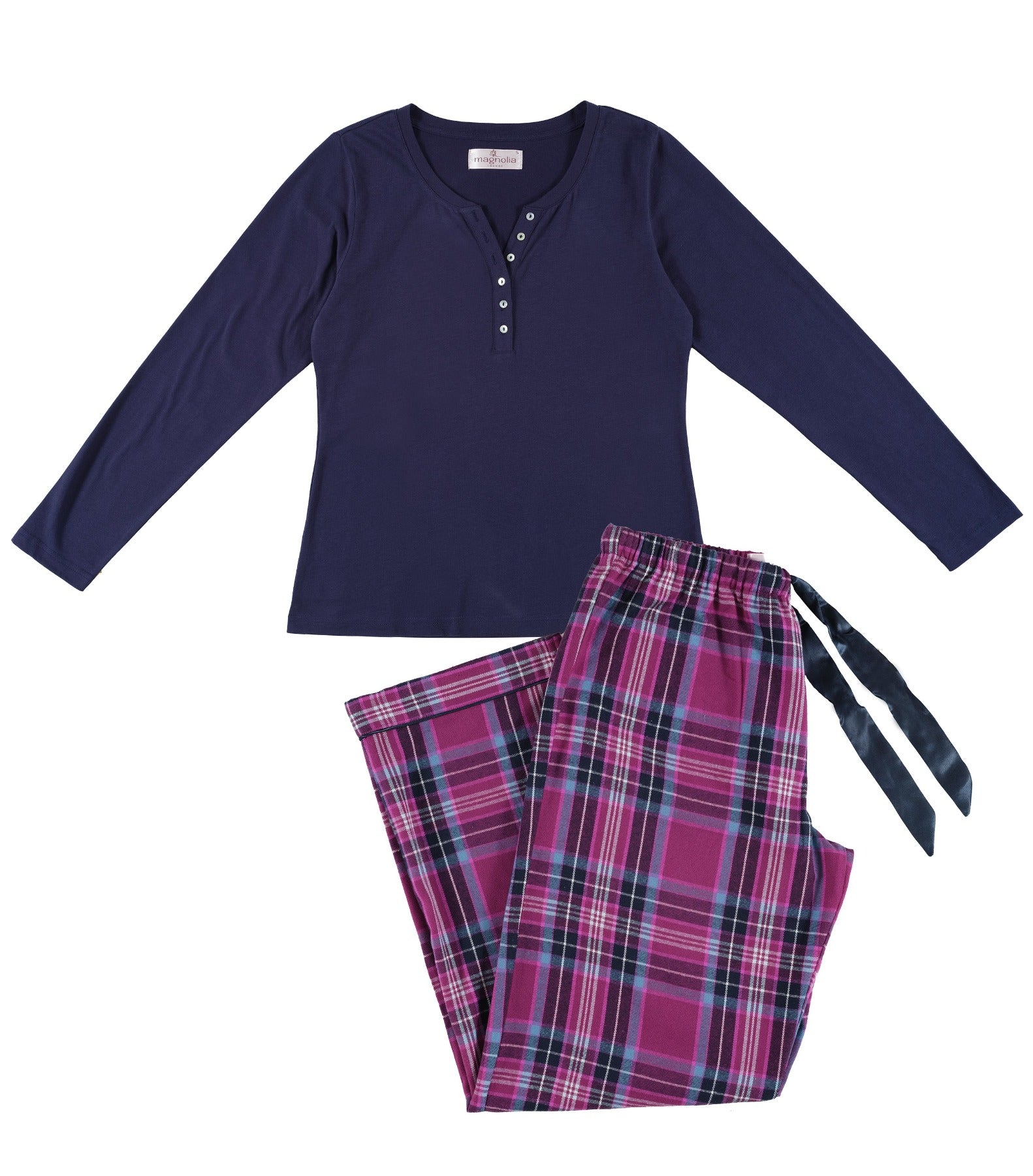 Womens Navy Henley Top & Dusk Check Flannelette Pyjama Set | Magnolia Lounge Australia