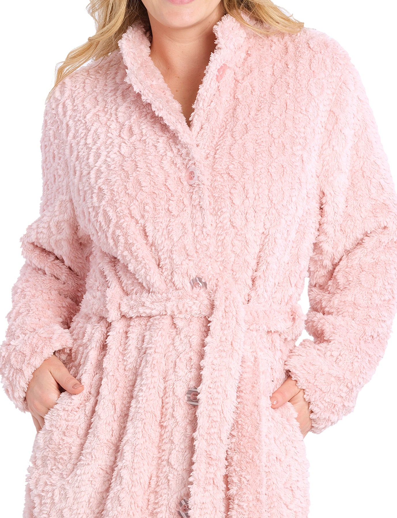 Closeup Dusty Pink Button Up Fleece Dressing Gown | Winter dressing gowns | Magnolia Lounge Australia