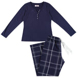 Navy Henley Top & Evening Check Flannelette Pants Pyjama Set | womens winter pyjamas | Magnolia Lounge Australia