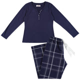 Navy Henley Top & Evening Check Flannelette Pants Pyjama Set | womens winter pyjamas | Magnolia Lounge Australia