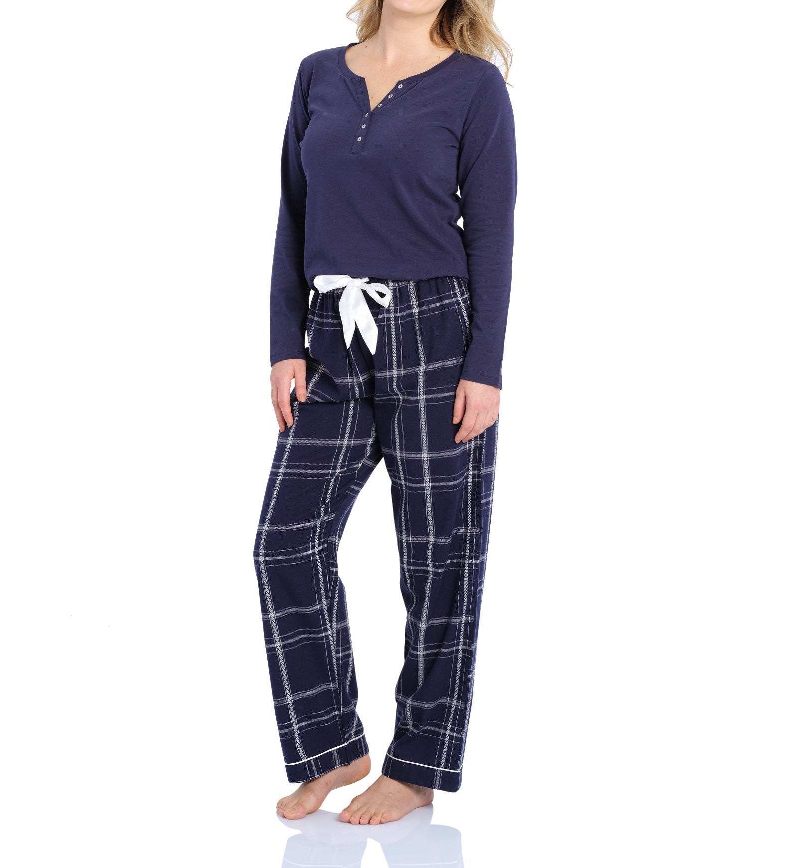 Navy Henley Top & Evening Check Flannelette Pants Pyjama Set | womens winter pyjamas | Magnolia Lounge Australia