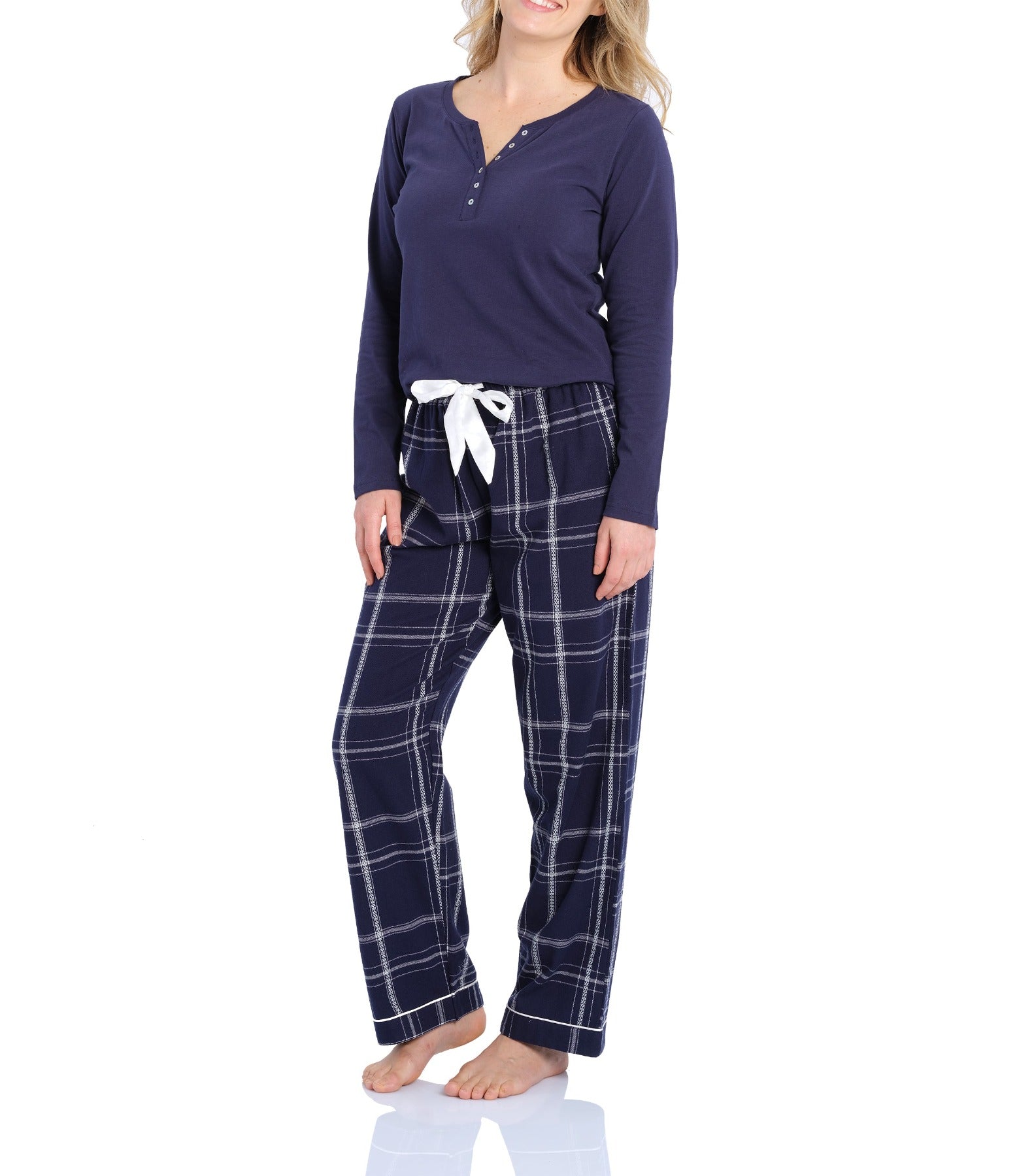 Navy Henley Top & Evening Check Flannelette Pants Pyjama Set | womens winter pyjamas | Magnolia Lounge Australia