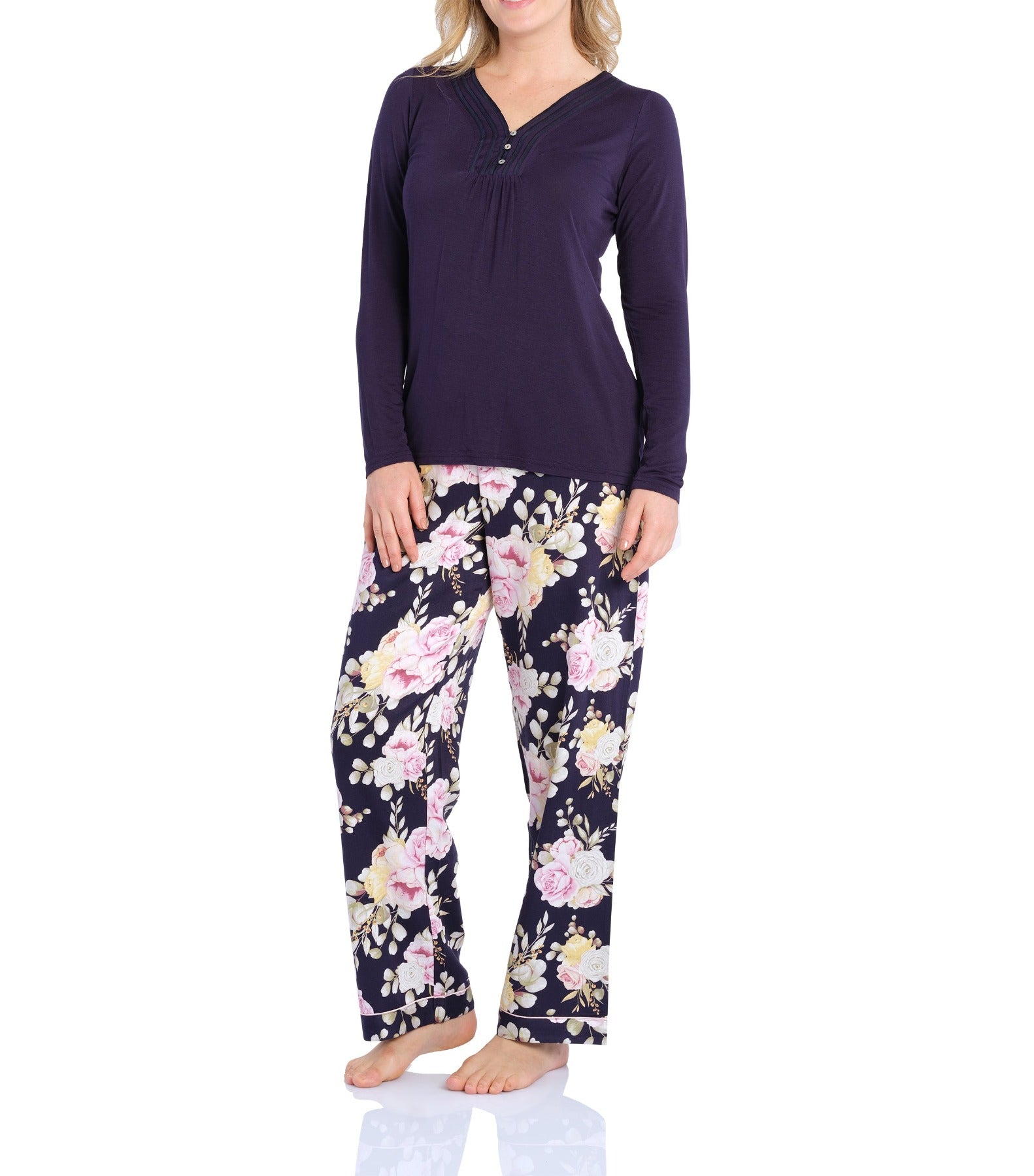 Navy Henley Tee and Twilight Floral Viscose Cotton Pant Pyjama Set | Women's winter PJ Sets | magnolia Lounge Australia