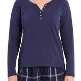 Navy Henley Top & Evening Check Flannelette Pants Pyjama Set