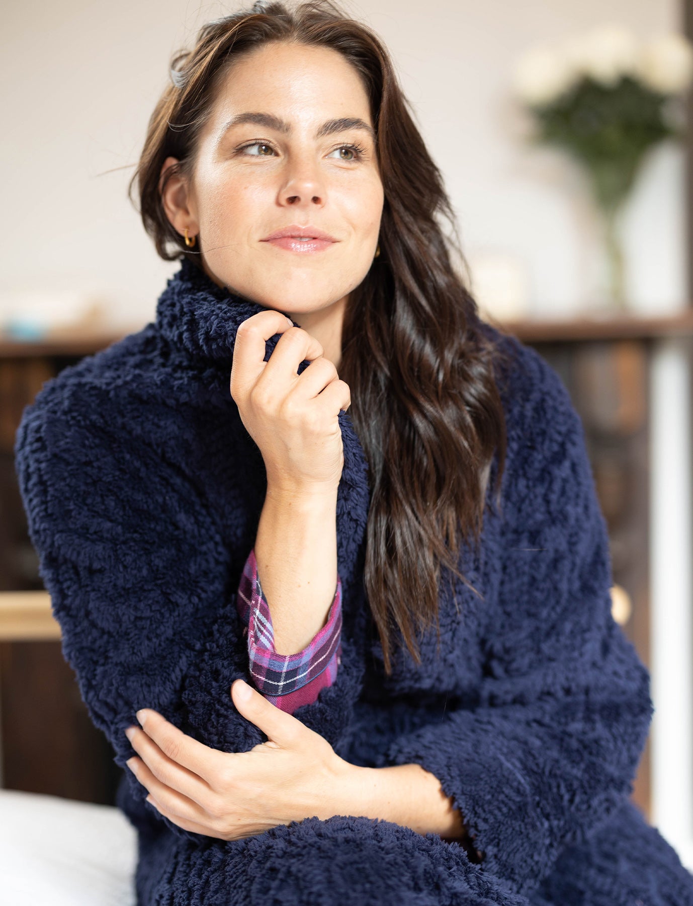 Navy Shawl Collar Fleece Dressing Gown | Womens Winter Dressing Gown | Magnolia Lounge Australia