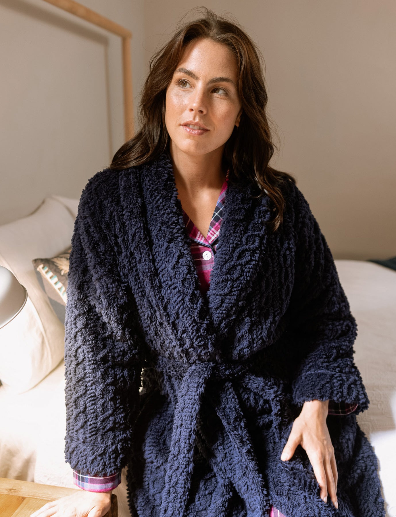 Navy Shawl Collar Fleece Dressing Gown | Womens Winter Dressing Gown | Magnolia Lounge Australia