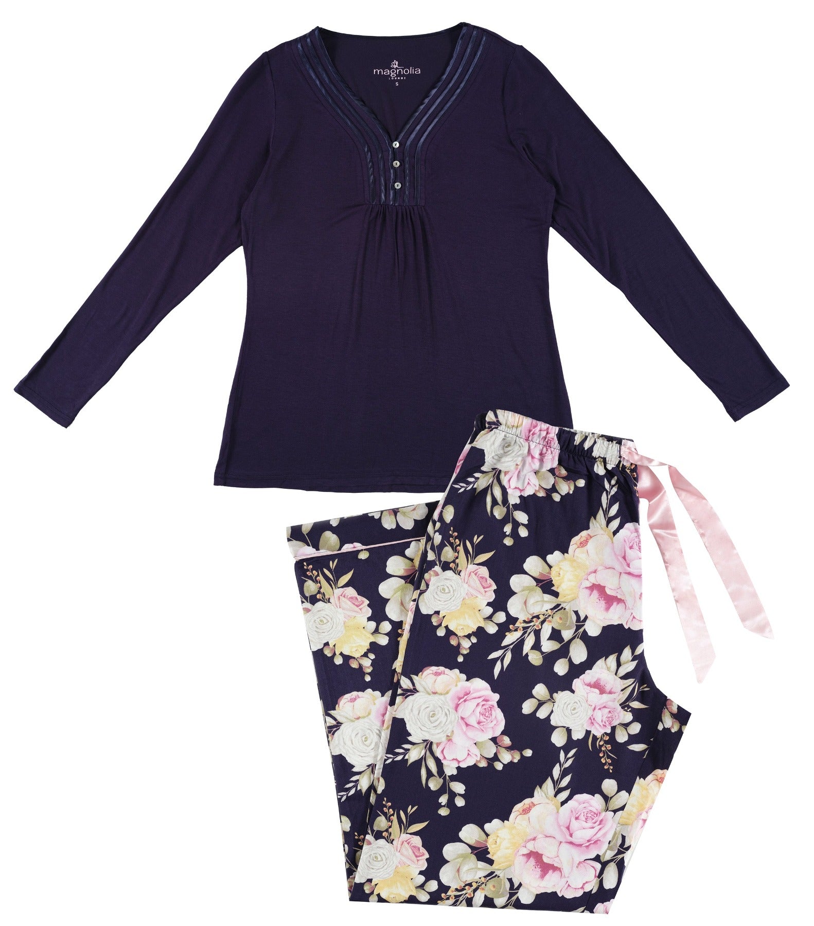 Navy Henley Tee and Twilight Floral Viscose Cotton Pant Pyjama Set | Women's winter PJ Sets | magnolia Lounge Australia