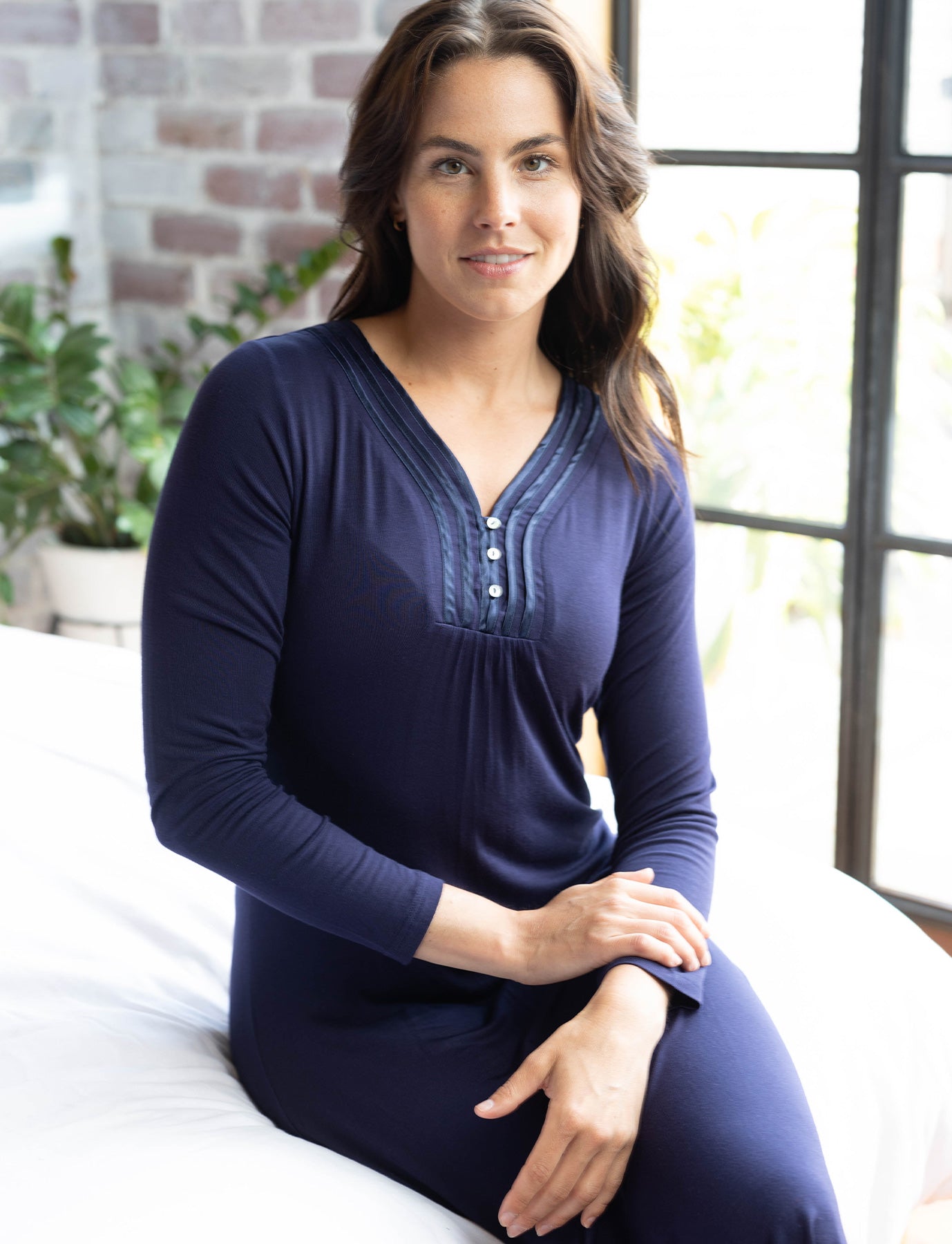 Night Sky Bamboo Elastane Henley Nightie | womens winter nightie | Magnolia Lounge Australia