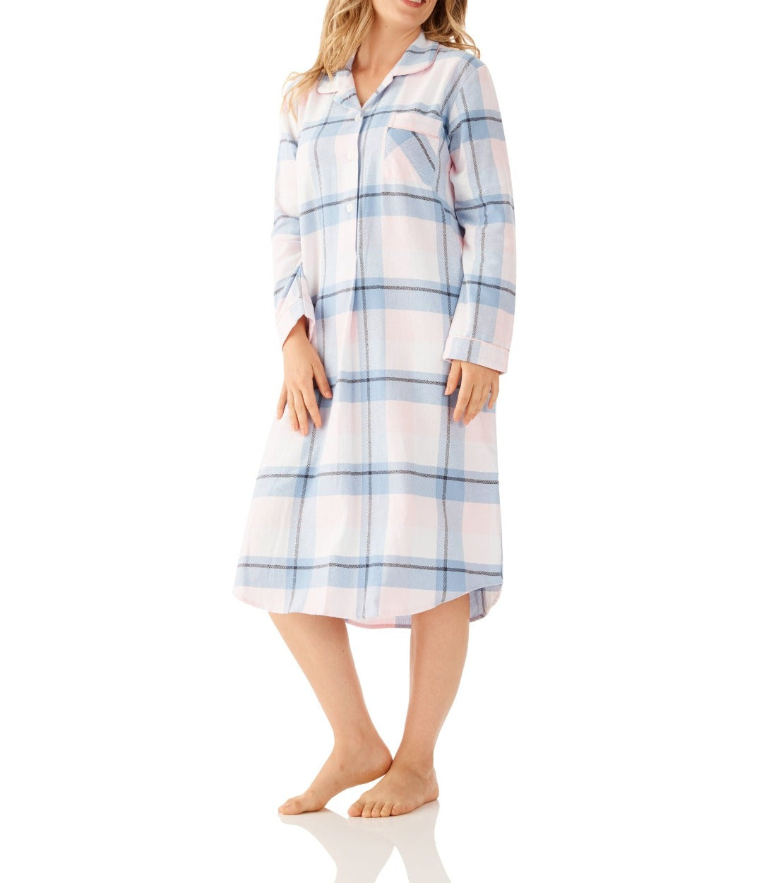 Ava Check Flannelette Cotton Midi Length Nightshirt Magnolia Lounge