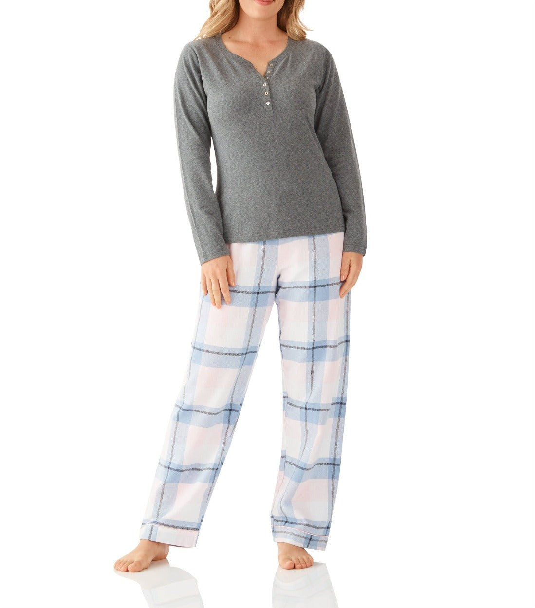 Charcoal Henley Tee with Ava Check Flannel Pant Pyjama Set | Women's Winter Pyjama Set Australia
