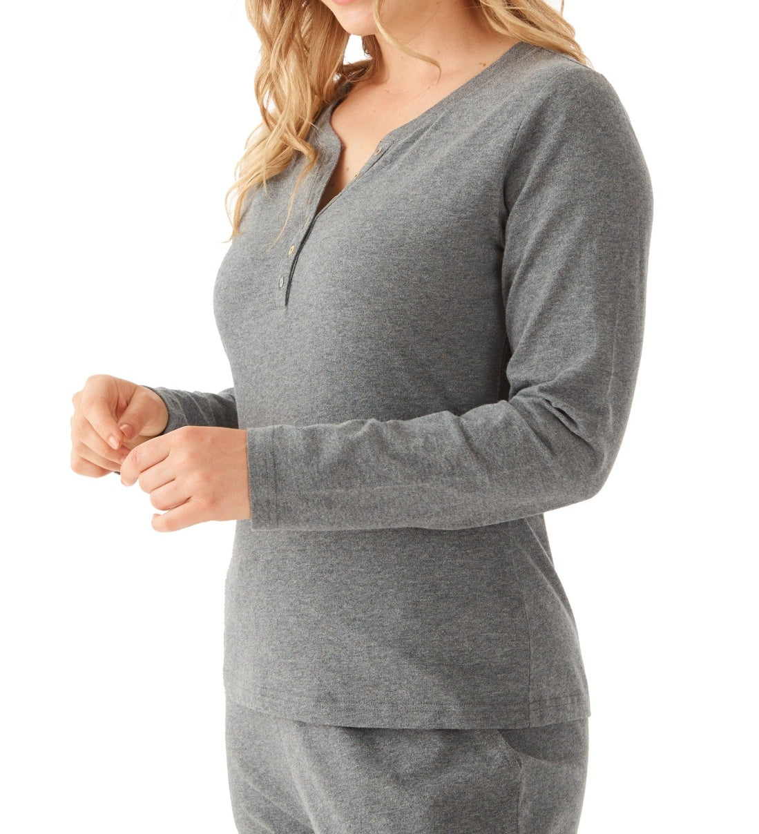 Women's Grey Marle Cotton Long Sleeve Henley Pyjama Top | Magnolia Lounge Australia