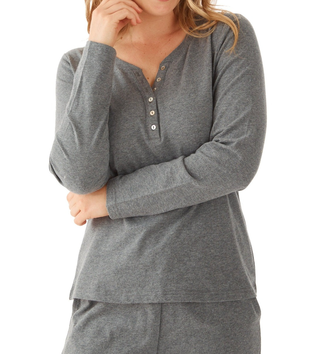 Women's Grey Marle Cotton Long Sleeve Henley Winter Pyjama Top | Magnolia Lounge Australia