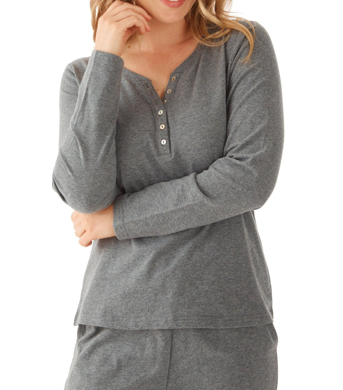 Women's Grey Marle Cotton Long Sleeve Henley Winter Pyjama Top | Magnolia Lounge Australia