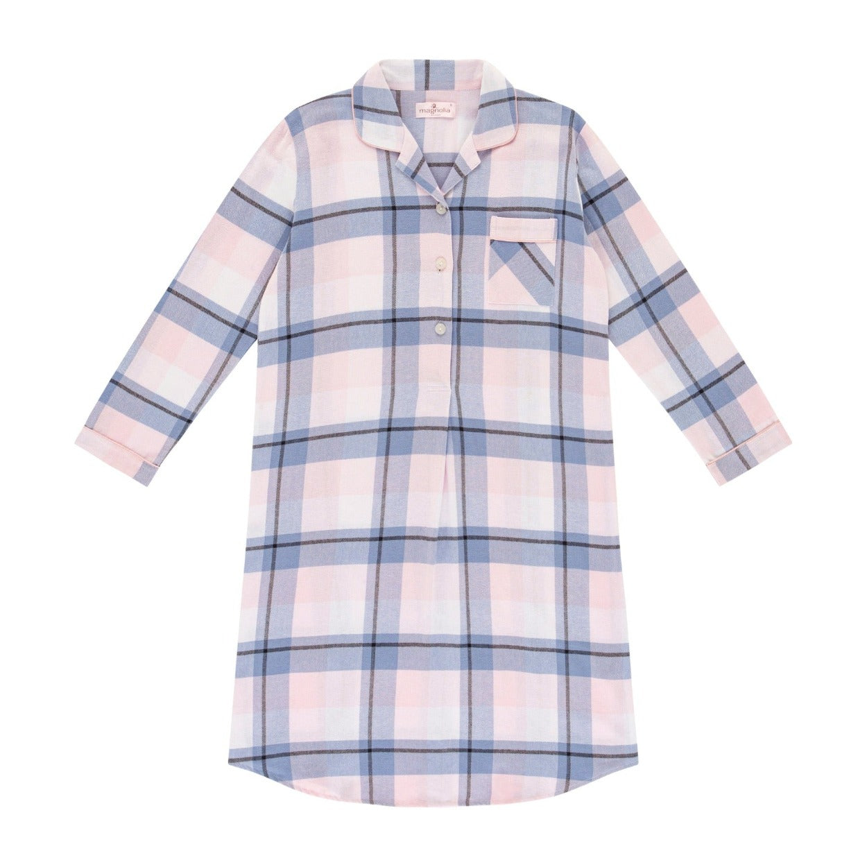 Ava Check Flannelette Cotton Midi Length Nightshirt Magnolia Lounge