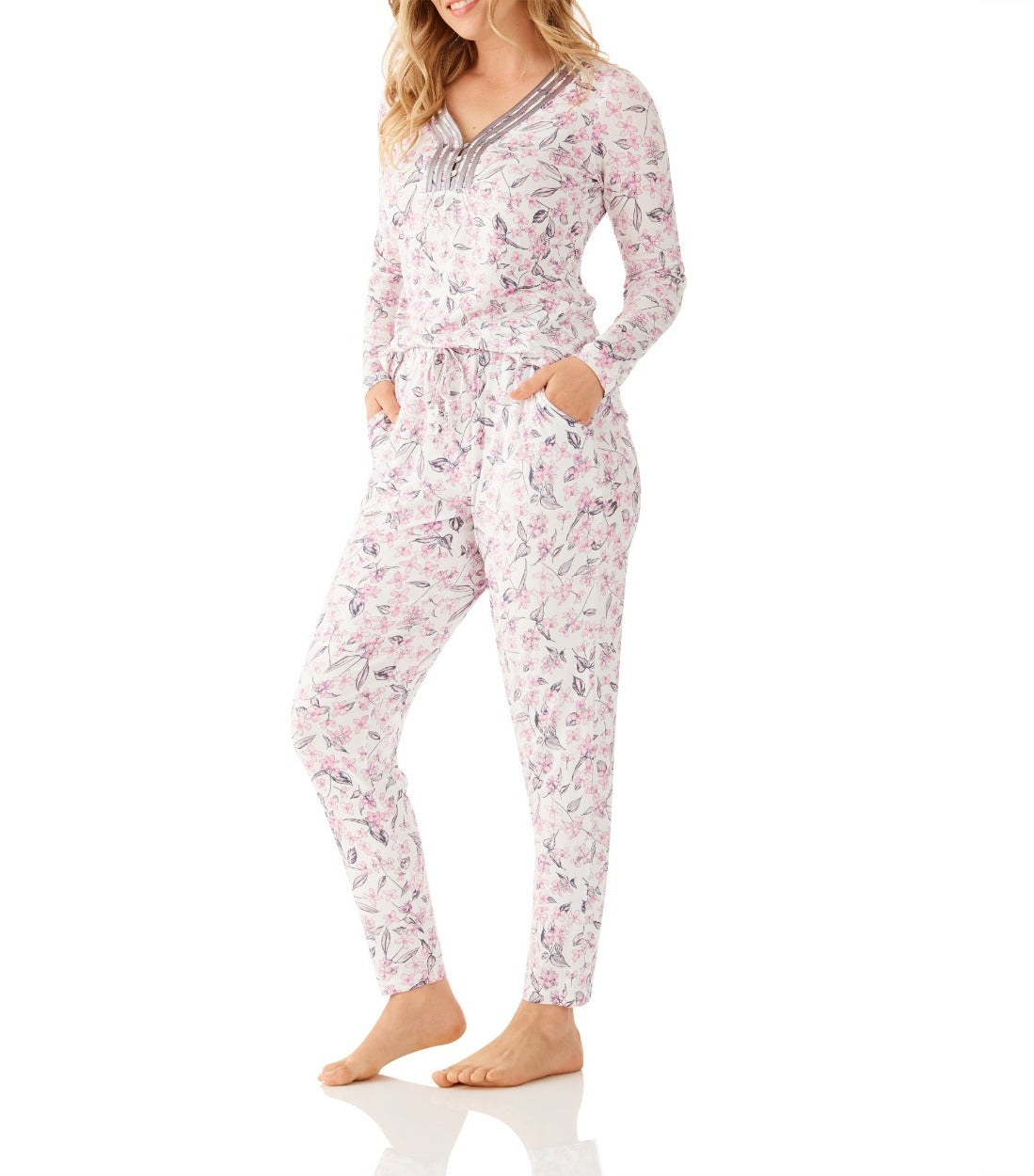 Women's Winter Moisture-wicking Sleepwear | Jasmine Viscose Elastane Henley Tee & Tapered Pant Set | Magnolia Lounge Australia