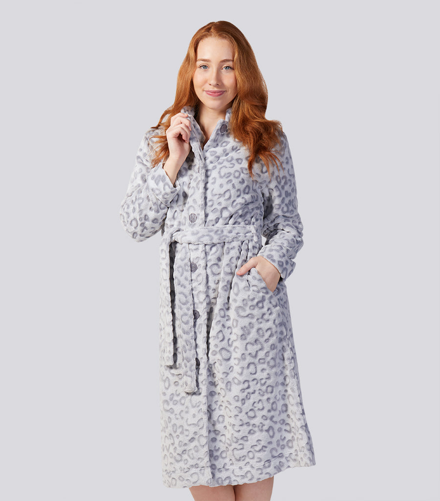 Leopard Button Through Fleece Dressing Gown Magnolia Lounge