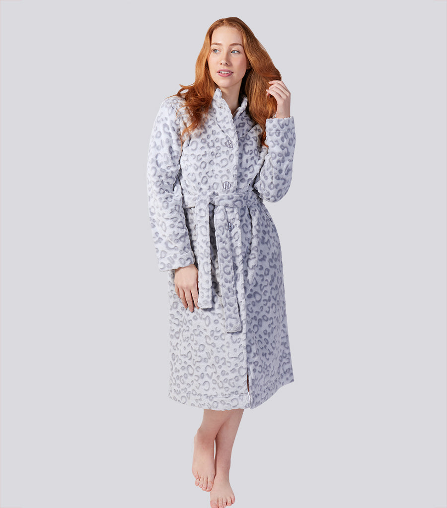 Leopard Button Through Fleece Dressing Gown Magnolia Lounge
