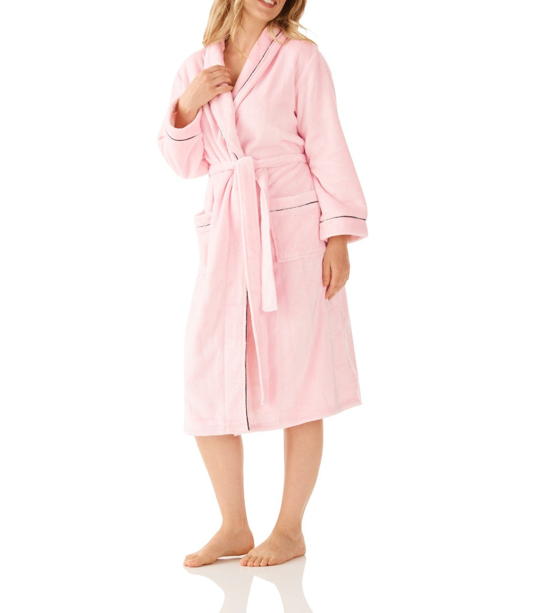 Pink Shawl Collar Fleece Dressing Gown with Piping Magnolia Lounge