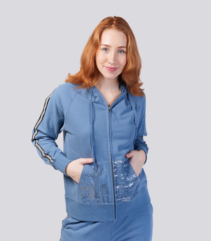 Denim Blue Ultra Soft Pure Cotton Fleece Hoodie Jacket - Alice In Wonderland Young Spirit