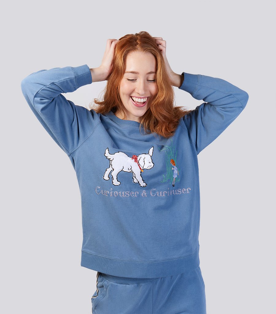 Denim Blue Ultra Soft Pure Cotton Fleece Sweater - Alice in Wonderland Young Spirit