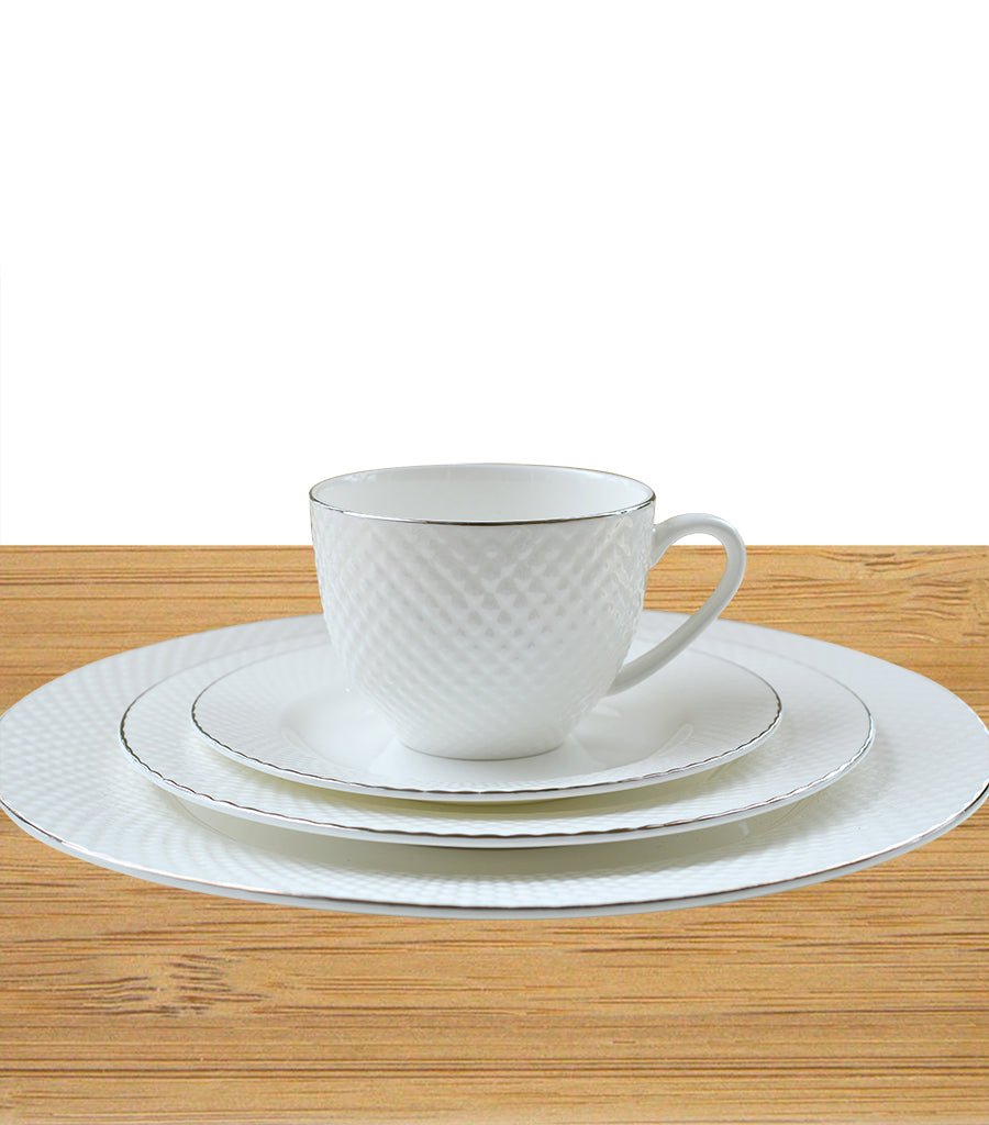 Fine Bone China White Diamond Embossed Cup and Saucer The Iris Emporium