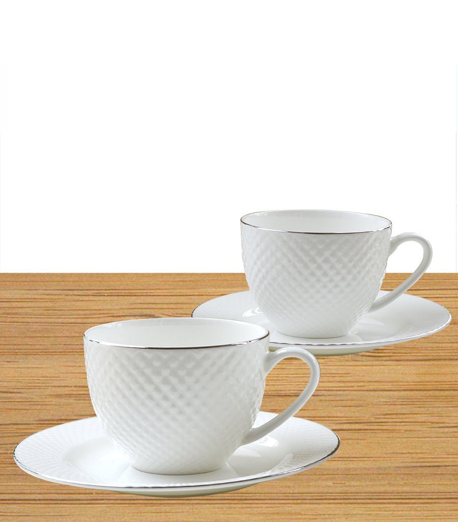 Fine Bone China White Diamond Embossed Cup and Saucer ( 4 Sets ) The Iris Emporium