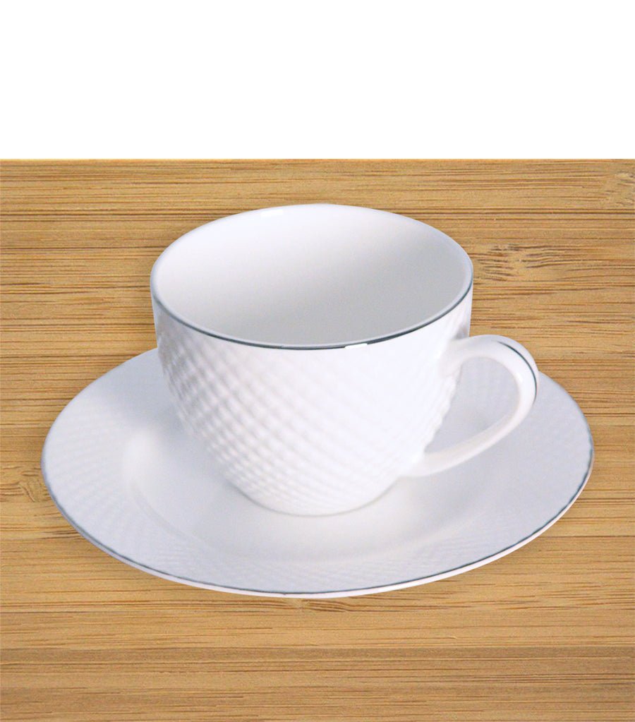 Fine Bone China White Diamond Embossed Cup and Saucer The Iris Emporium