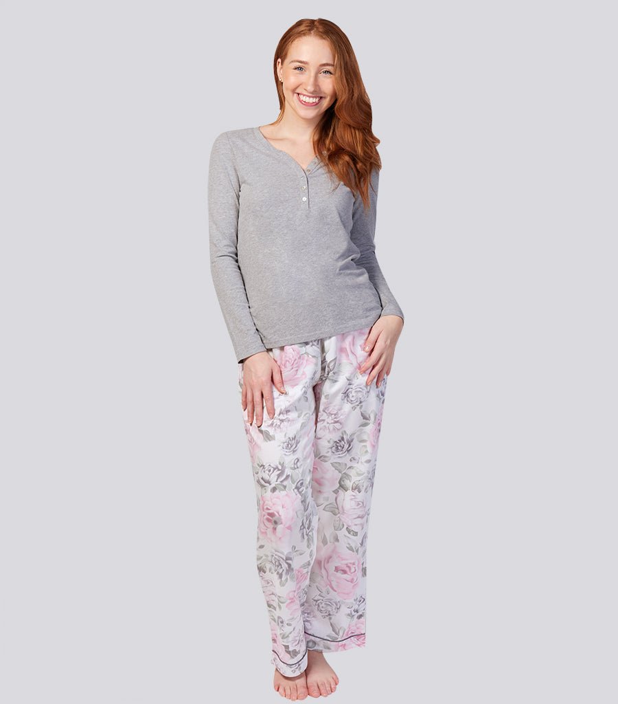 Grey Marle Cotton Long Sleeve Henley Tee Magnolia Lounge